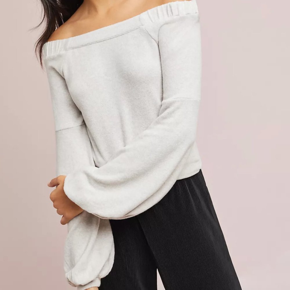ANTHROPOLOGIE Saturday Sunday CloudFleece Off-The-Shoulder Top in Grey Sz L -NWT
